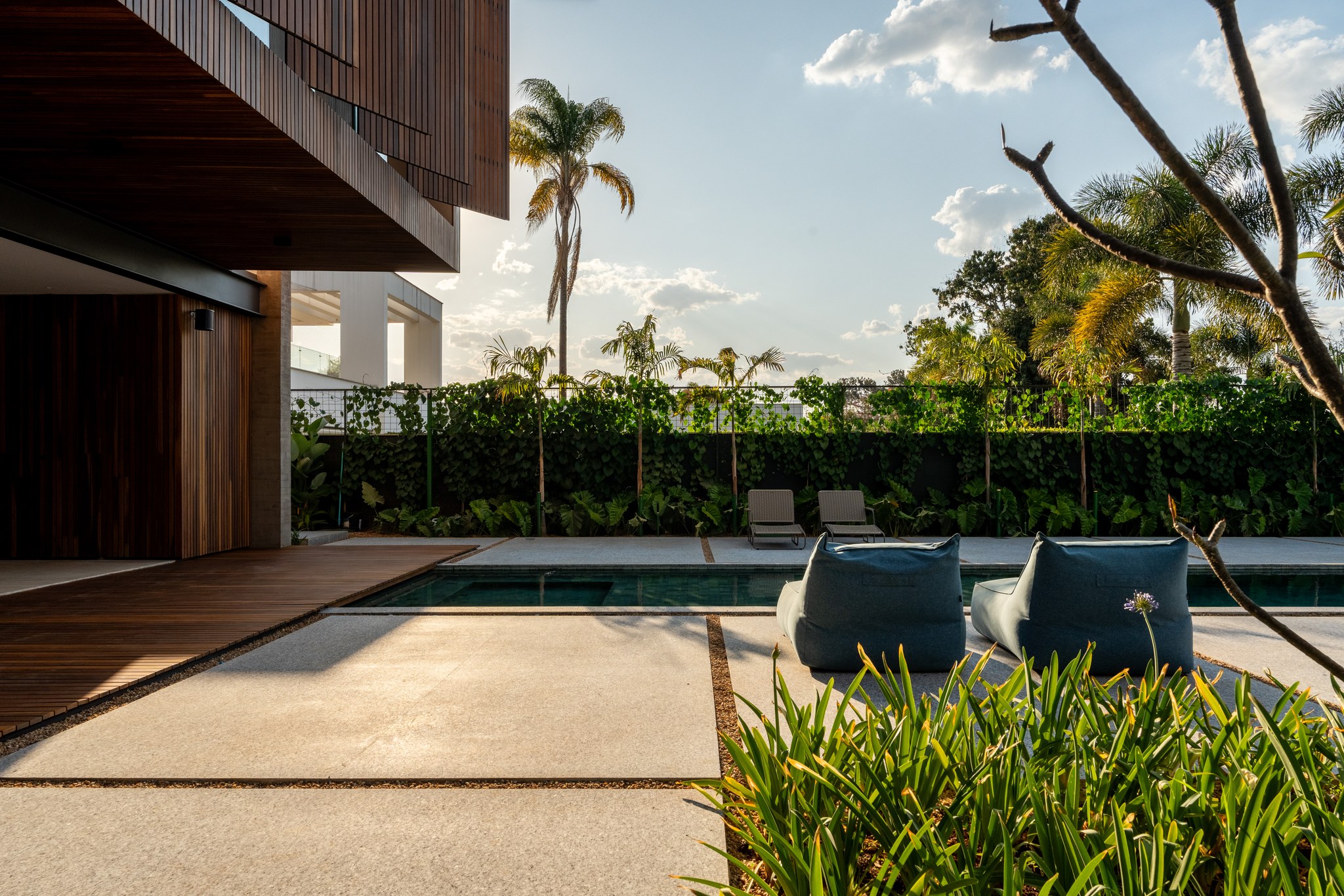 Fachada dos fundos ao entardecer, com piscina, deque de madeira e volume revestido em madeira ripada